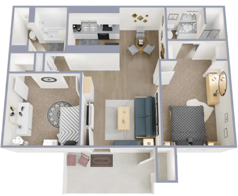 Floor plan for 2 beds, 2 baths, 780 sqft
